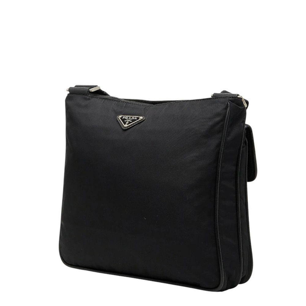 Prada Leather Shoulder Black Plate Triangle Bag Black